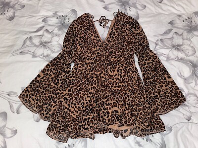 Missguided Brown Leopard Print Chiffon Flare Sleeve Smock Mini Dress Size  10 UK