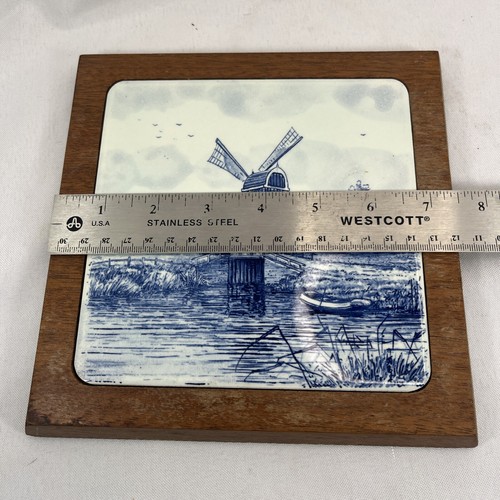 Delftware Blue Ceramic Tile Wooden Frame Trivet Hand Painted 7.5" - Picture 11 of 11