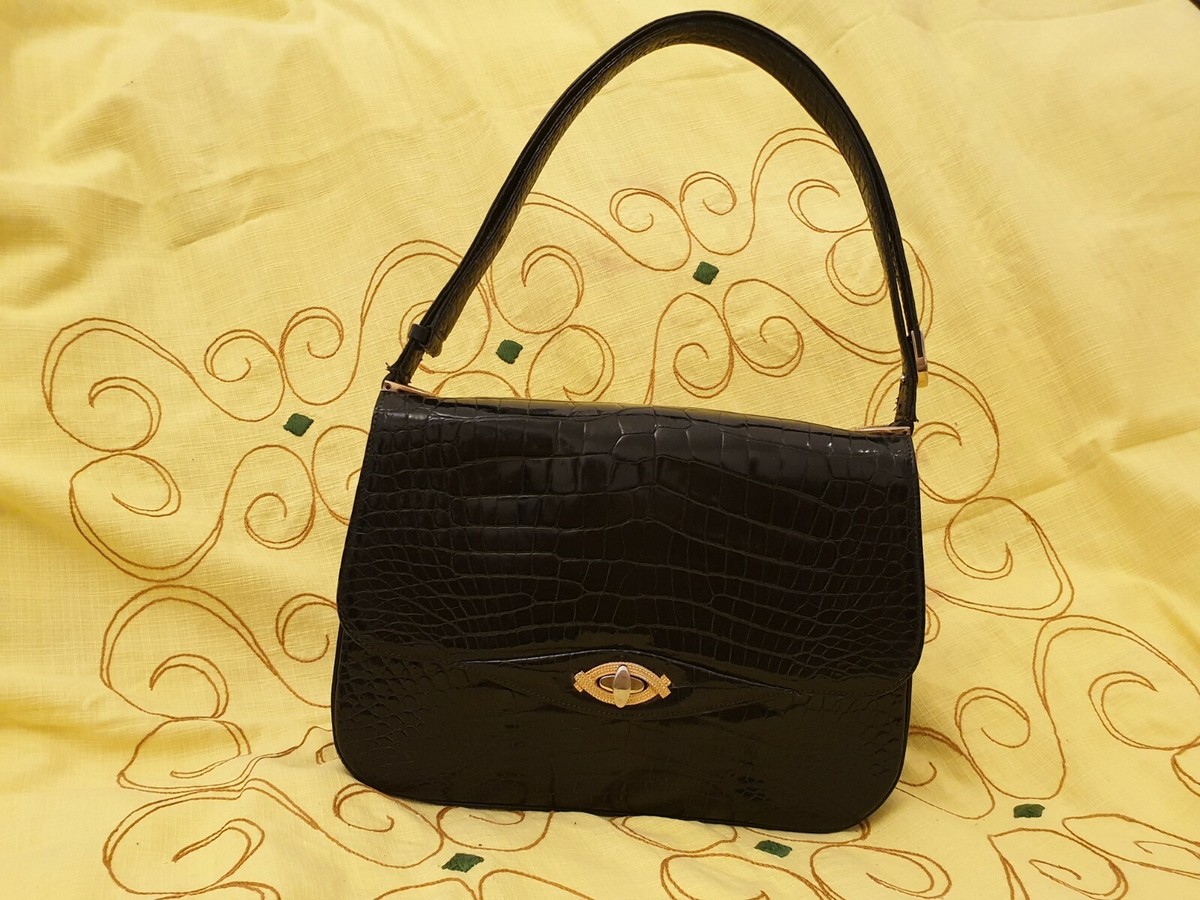 Sac à Main Vintage En Crocodile Marron - Sac De Soirée - Occasion En Très Bon état