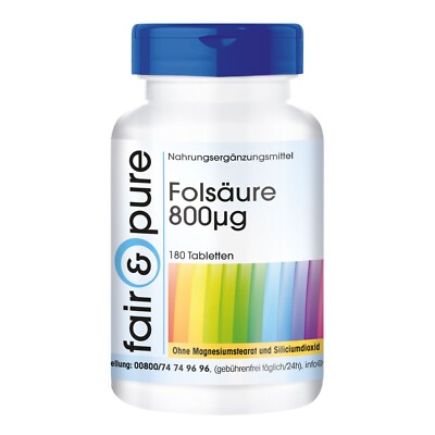 Folsäure 800 µg - 180 Tabletten Großpackung - hochdosiert - vegan | fair & pure