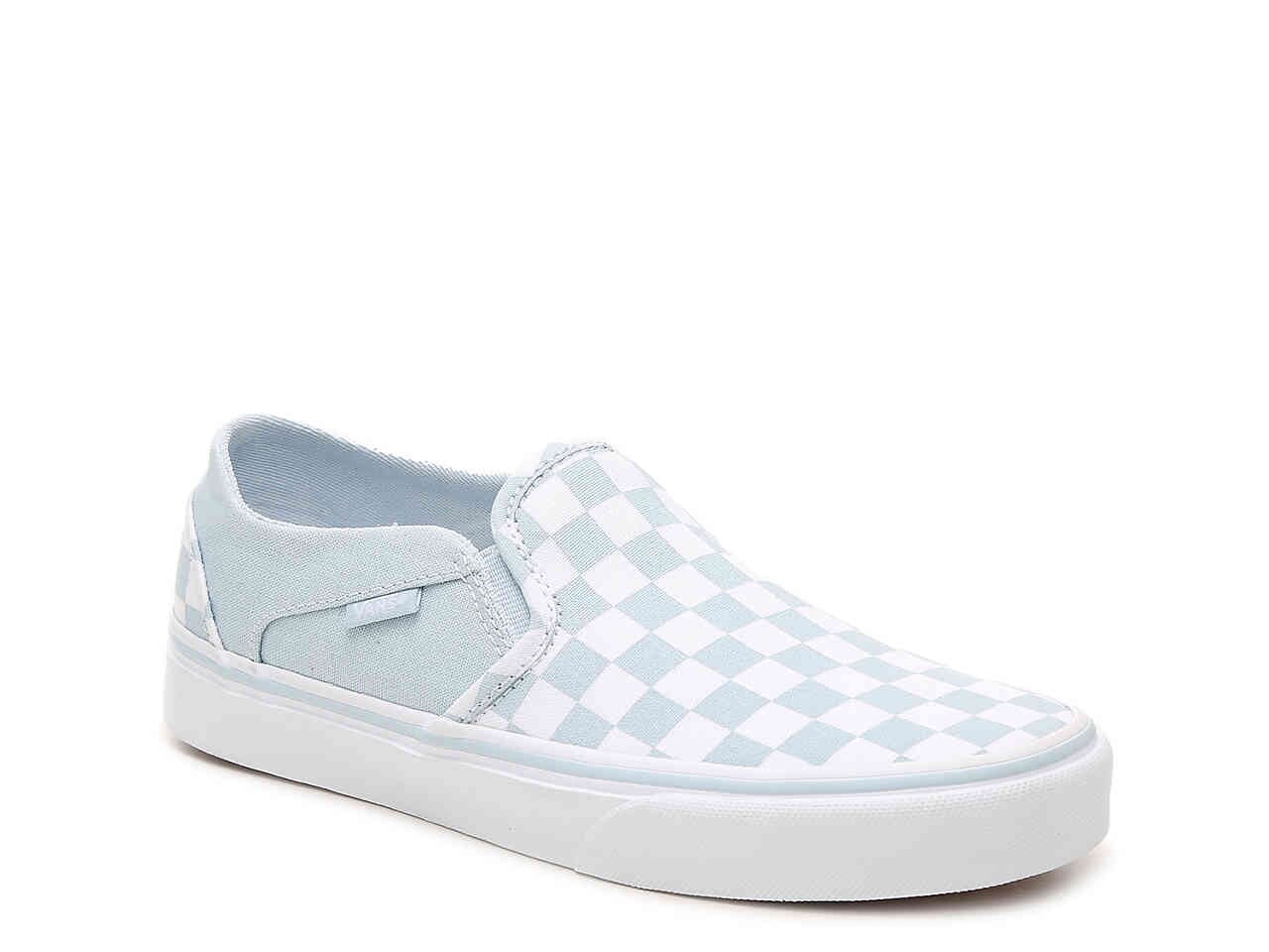 light blue checkerboard slip on vans