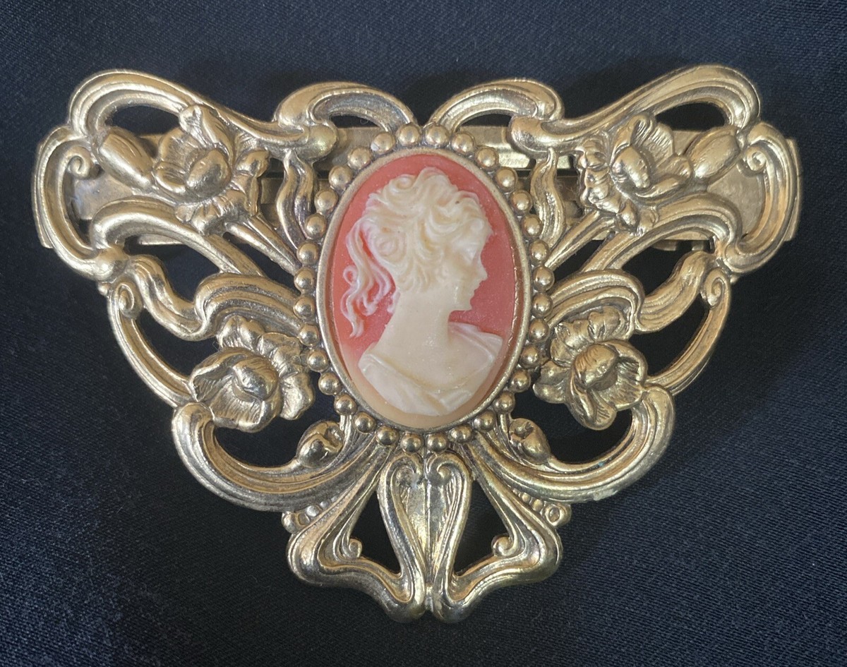 Vintage Cameo Large Hair Clip Barette Gold France 3.5” x 2.5  display picture 2