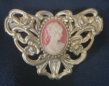 Vintage Cameo Large Hair Clip Barette Gold France 3.5 x 2.5 Butterfly Shape