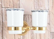 Gold Color Brass Bathroom Wall Mount Toothbrush Holder Double Ceramic Cup fba597