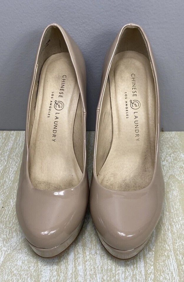 Zapatos de tacón de aguja con plataforma beige tostado desnudo charol lavandería chino 7,5 Foto 4 de 4