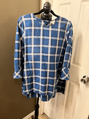 J. Jill Atlantic Plaid Tunic Top Size M Hi-lo Button Back 3/4 Sleeves Blue Slits