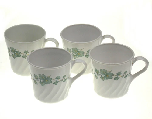 Corning Green Ivy Tea Cups Set of 4 White Leaves Chip Resistant Made USA Coffee