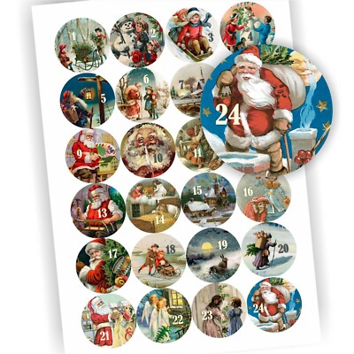24 Aufkleber 1-24 Advent Adventskalender Zahlen Weihnachten Sticker Vintage DIY