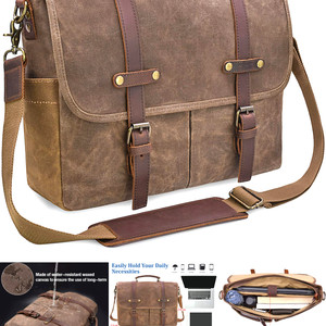 mens messenger bolsa 15.6 inch waterproof vintage genuine leather waxed canvas briefcase