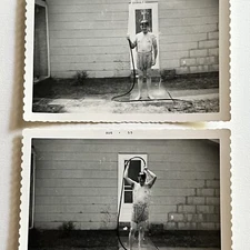 Vintage Snapshot Photograph Keep Cool Man Hot Outside Water Hose Funny Odd 50s