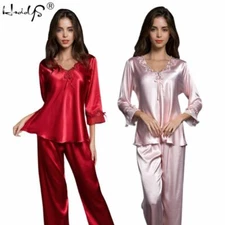 Women Silk Satin Pajamas Set Pyjama Sleepwear Nightwear Loungewear Home Suit Pjs