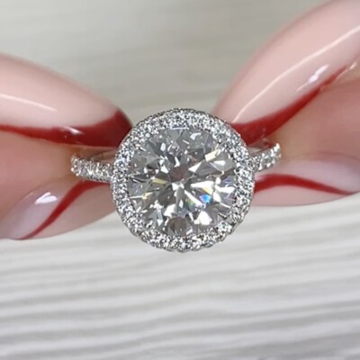2.76 TCW Round Cut Moissanite Halo Engagement Ring 14K White Gold Plated