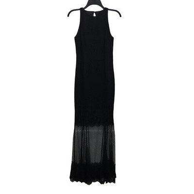 Aidan Mattox Black Illusion Crepe Sleeveless Maxi Length Gown Sheer Lace Skirt