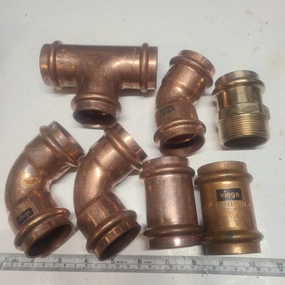 Lot of (7) Pieces 1-1/2'' Copper Press Type Fitting's  Tee, 90°/45° Ebow's,Coup