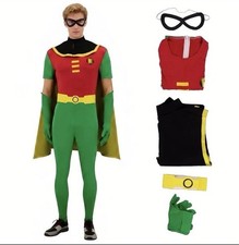 Mens Robin Cartoon Superhero Halloween Costume Cosplay Jumpsuit Cape  Acces. XL