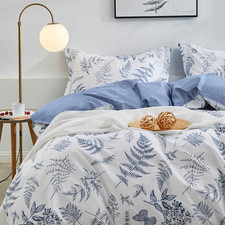 White Blue Floral Queen Size Duvet Cover, Soft Botanical Flower Leaf Patterned R