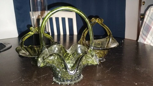 Green Fenton Glass Basket Ruffled Edges With Handles (Lot Of 3 Pieces)