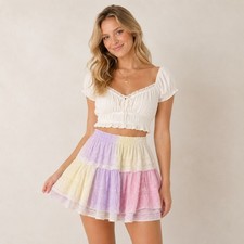 LoveShackFancy Ruffle Mini Skirt Pastel Tiered Lace Cottagecore Fairy Grunge S