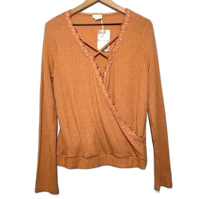 Hem & Thread NEW waffle knit lace trim faux wrap top long sleeved L boho