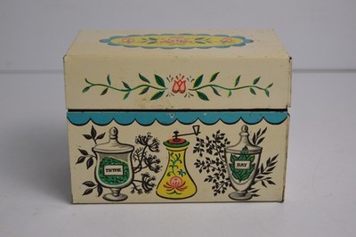 Vintage J Chein Co Metal Recipe Box MCM & Around the World Tupperware Cards
