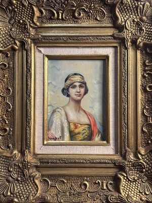 Vintage 1930s Oil Portrait Painting Woman Ornate Gold Frame Signed Margret
