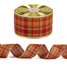 25 Yards 2.5 Inch Orange Plaid Fall Burlap Wired Ribbon Autumn Decoration