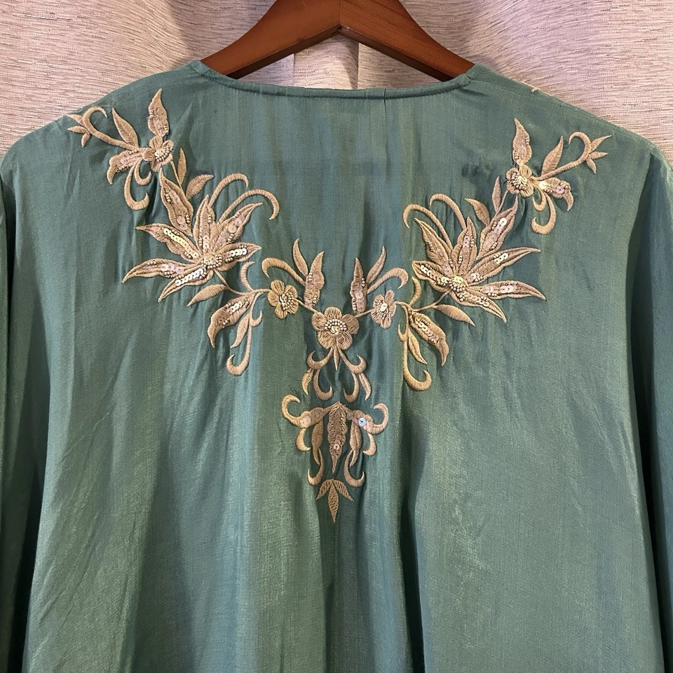 Plumero Kimono Suave Bordado Boho Lentejuelas Flecos Verde Azulado/Tostado S/M Foto 4 de 4