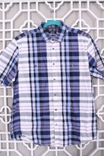 Alfani Button Up Shirt Mens L Blue White Plaid Casual Preppy Pocket 100 Cotton