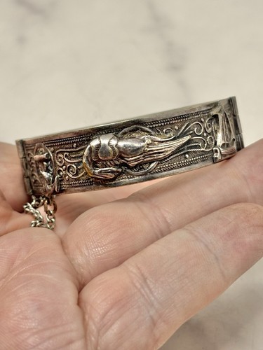 Unusual Antique Sea Themed Hinged Bracelet Shrimp Anchor Silver And Silver Tone