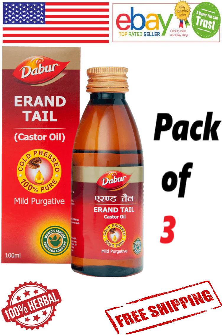 3x Dabur Erand Tail Pure Cold Pressed Castor Oil 100%Herbal 100ml Each Free Ship