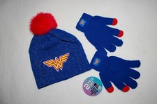 Girls WONDER WOMAN BEANIE HAT Red Faux Fur Pom BLUE STRETCH GLOVES Touch Tips