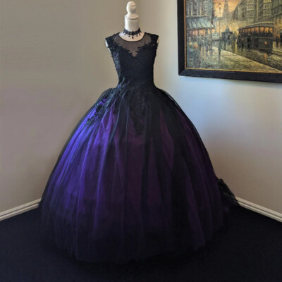 gothic purple and black wedding dress Gothic Black and Purple Lace Wedding Dress with Keyhole Back