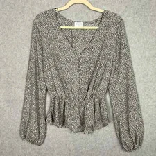 Sienna Sky Shirt Womens Medium Black White Blouse Peplum Ruffle Animal Boho