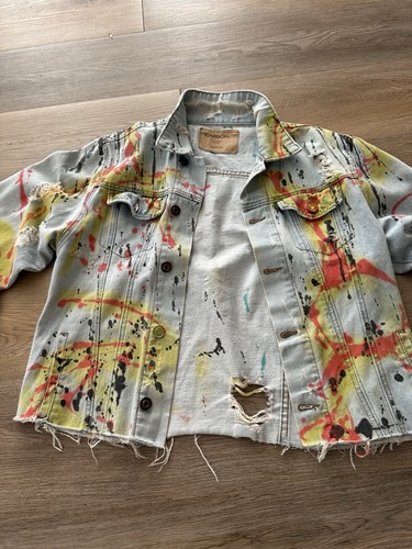 Vintage Y2K CARBON Graffiti Cropped Denim Jacket Sz M Wmns Distressed 80s Hobo - Picture 5 of 13