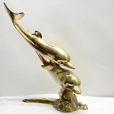 VTG Large Brass Double Swimming Dolphins Graceful Nautical Sculpture Statue 15"H
