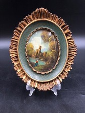 Quadro miniatura ovale olio paesaggio VECCHIO TORRO  cornice d'epoca legno oro