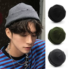 Men Mini Short Fisherman Beanie Hat Ribbed Docker Winter Warm Knitted Skull Caps