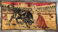 Matador Bull Fighting Tapestry Wall Hanging Rug 39” X 20 Vintage Red Black Gold