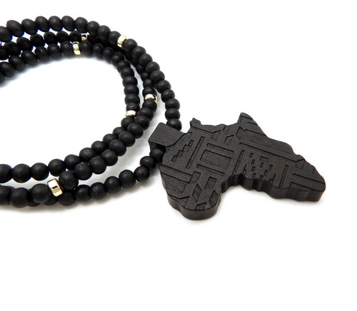 RAPPER STYLE BLACK AFRICA PENDANT & 6mm 26" WOODEN BEAD CHAIN HIP HOP NECKLACE - Picture 2 of 15