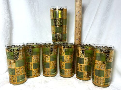 Seven Vintage Prado Culver Highball Glasses Green and 24k Gold Checkered MCM - Picture 4 of 10