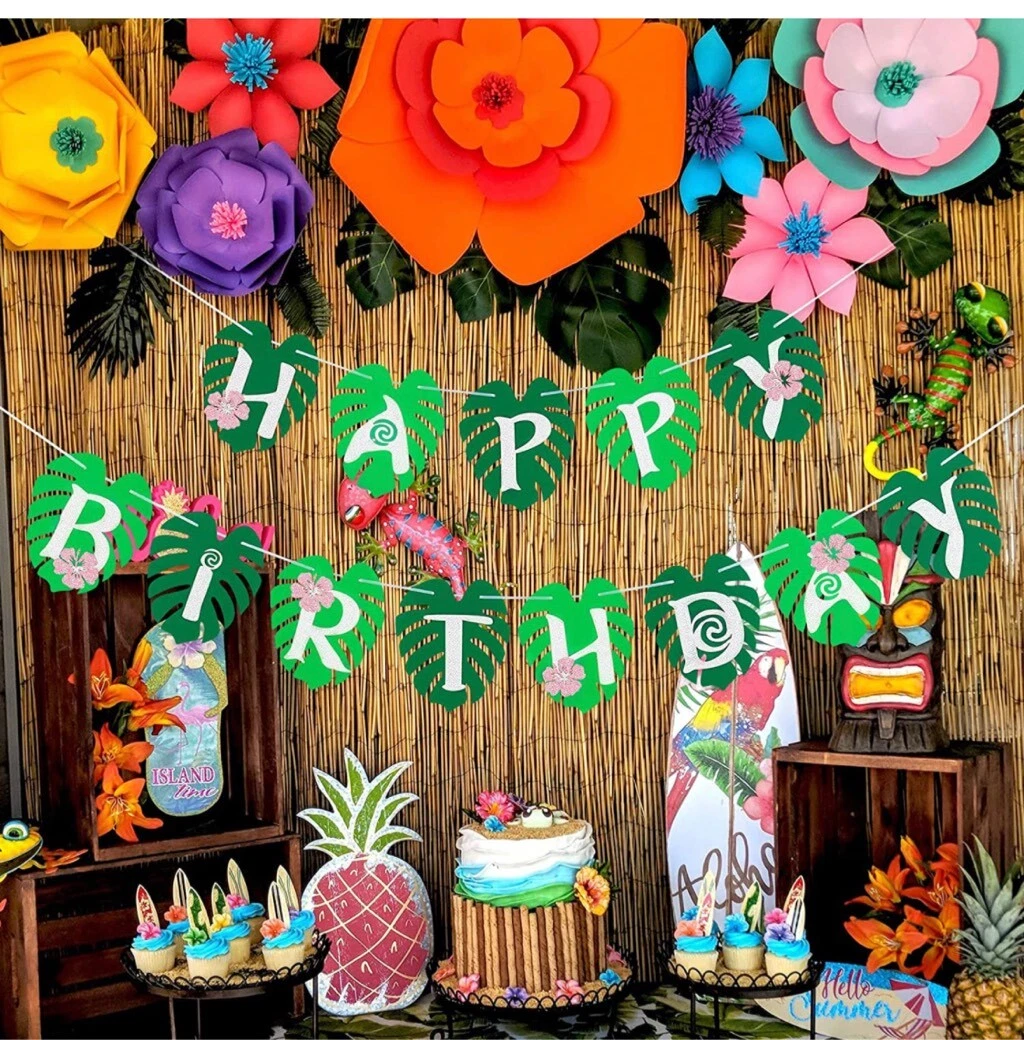 NEW Tropical Birthday Party Decorations Glitter Hawaiian Banner
