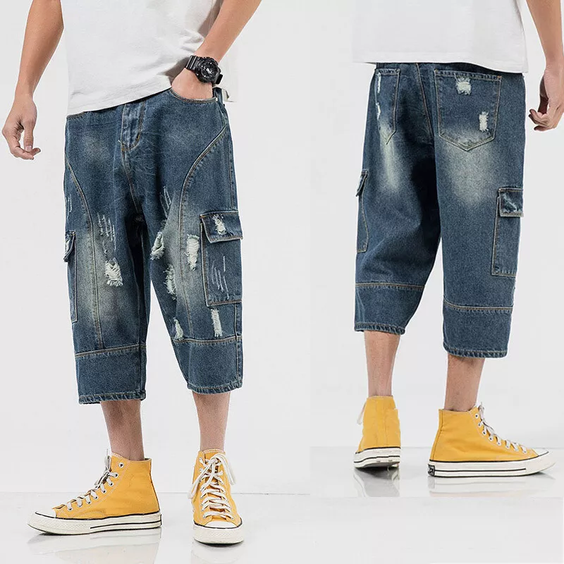 Men 3/4 Length Cropped Pants Shorts Denim Capri Ripped Distressed