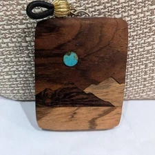 Inlaid Wood Turquoise Pendant, Southwest Mountain Scene 2" x 1.25"
