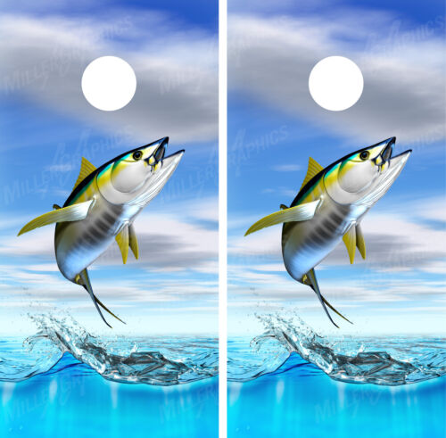Yellowfin tuna Jumping Out of Water Fishing Cornhole Board Decals Wraps Wrap - Afbeelding 1 van 3