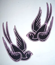 2 black pink sparrow swallow iron on patch rockabilly tattoo bird girl - 24