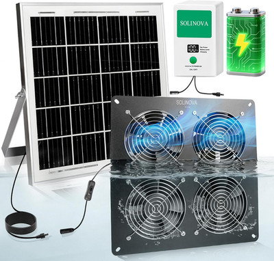 Solar Exhaust Fan, 25W Solar Powered 4-Fan with 7500Mah Battery, 4Pcs IP68 Water