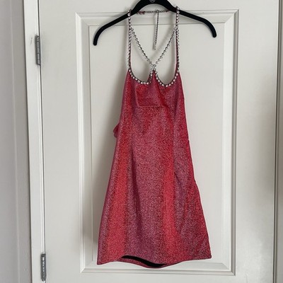 Area Crystal Dome Heart Sleeveless Strappy Halter Mini Dress Pink Red Medium