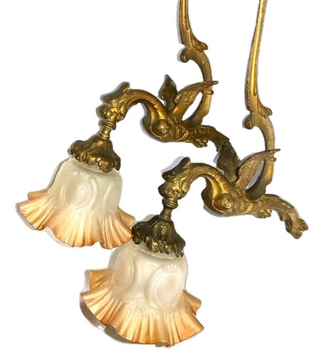 Pair of Large Antique French Solid Bronze/ Brass Sconces Chimera/ Griffon Dragon
