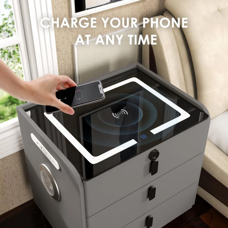 Smart Nightstand Nightstand with 3 Drawers,Fingerprint Nightstand Side Table - Image 3 of 4