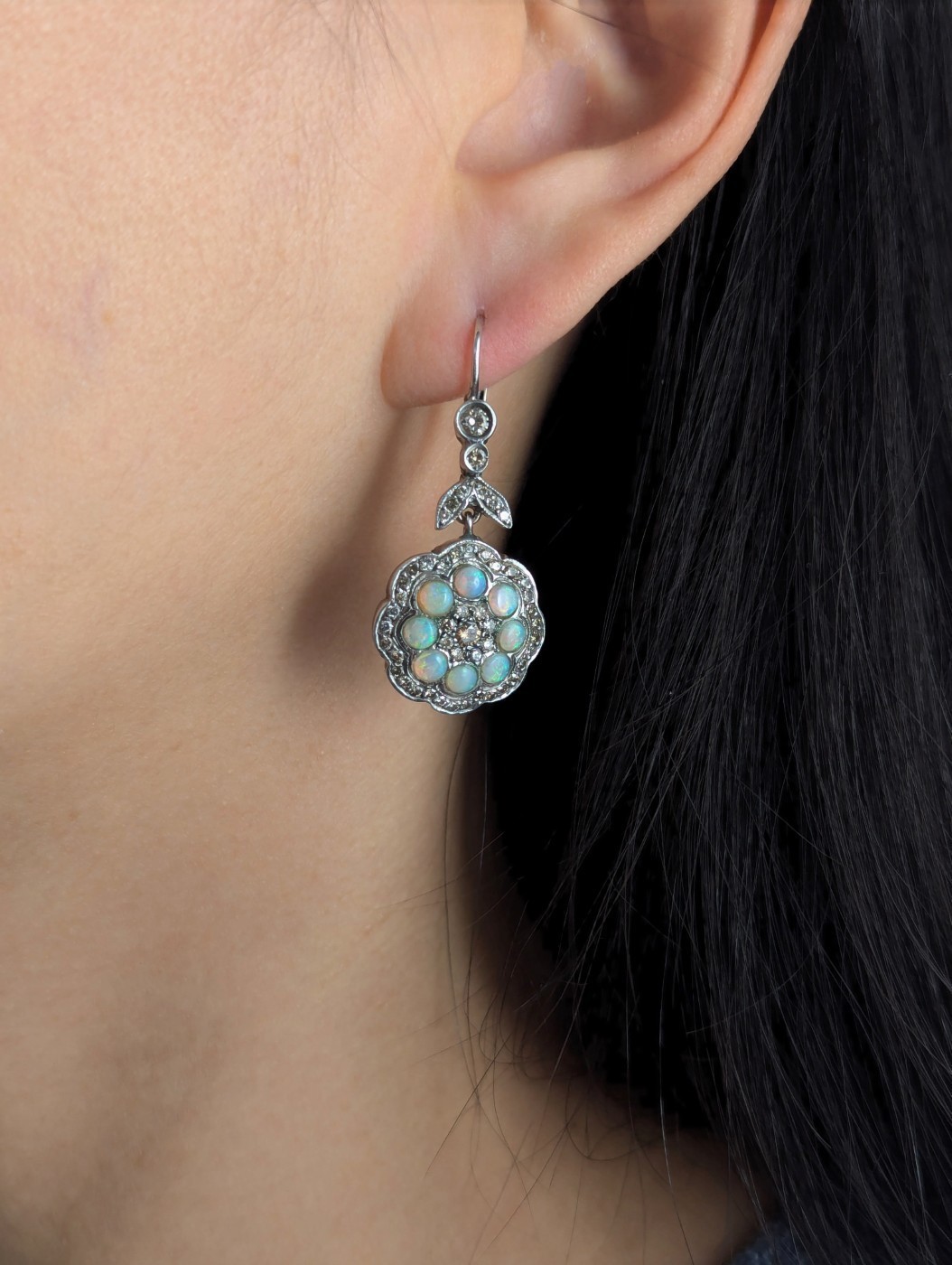 Vintage Solid Opal Diamond Flower Drop Earrings 9… - image 11